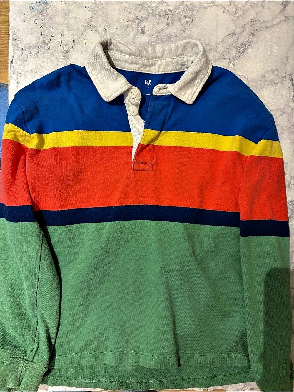 Gap Striped Long Sleeve Polo in Green & Blue Size Large